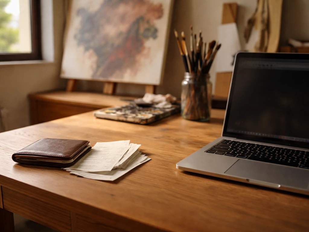 Contemporary artist studio workspace with financial-cue items and a laptop, hinting at net-worth research.
