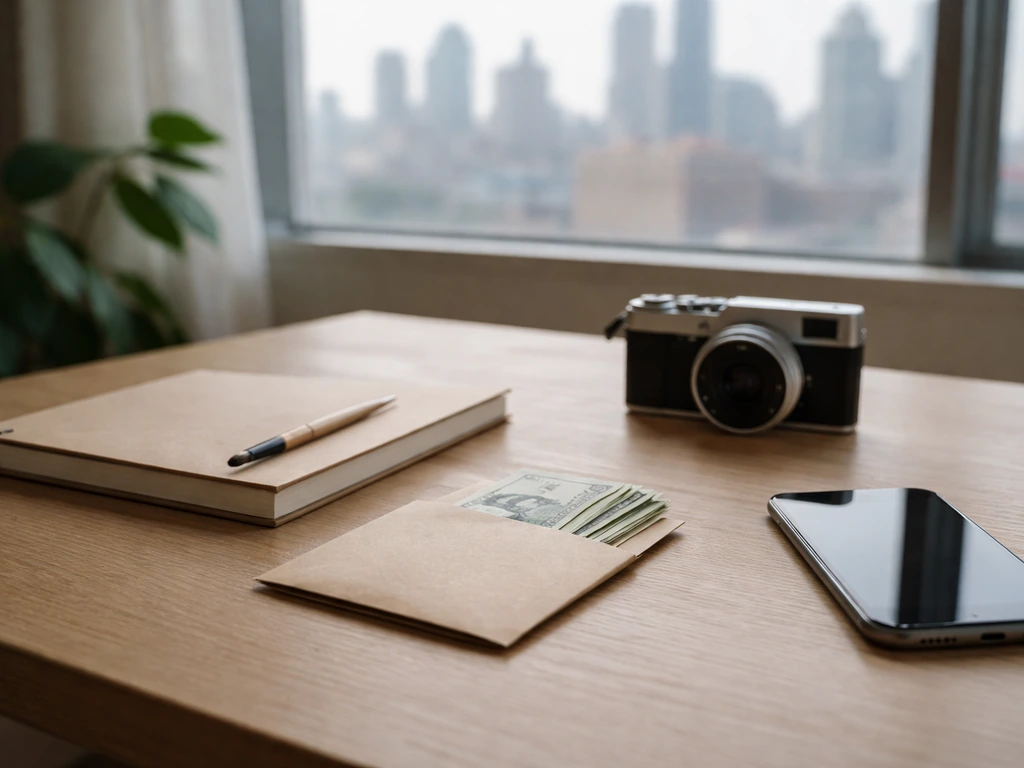 Minimal art studio desk with cash, sketchbook, and a phone suggesting financial estimate—no people, no text.