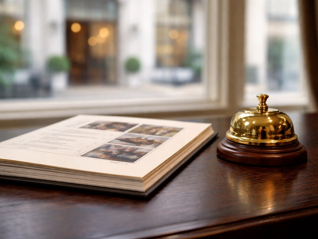 Close-up of auction catalogue and brass bell on a wooden desk with blurred auction-house windows behind.