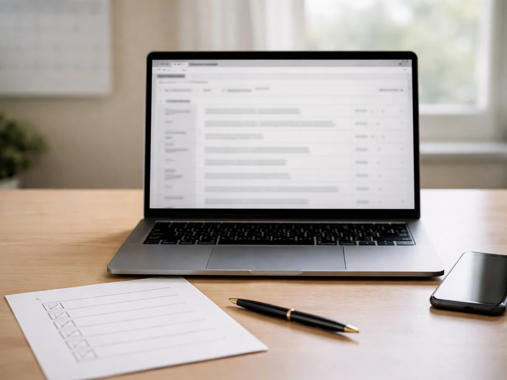 Desk scene with laptop and blank checklist suggesting verifying an auction estimate yourself.