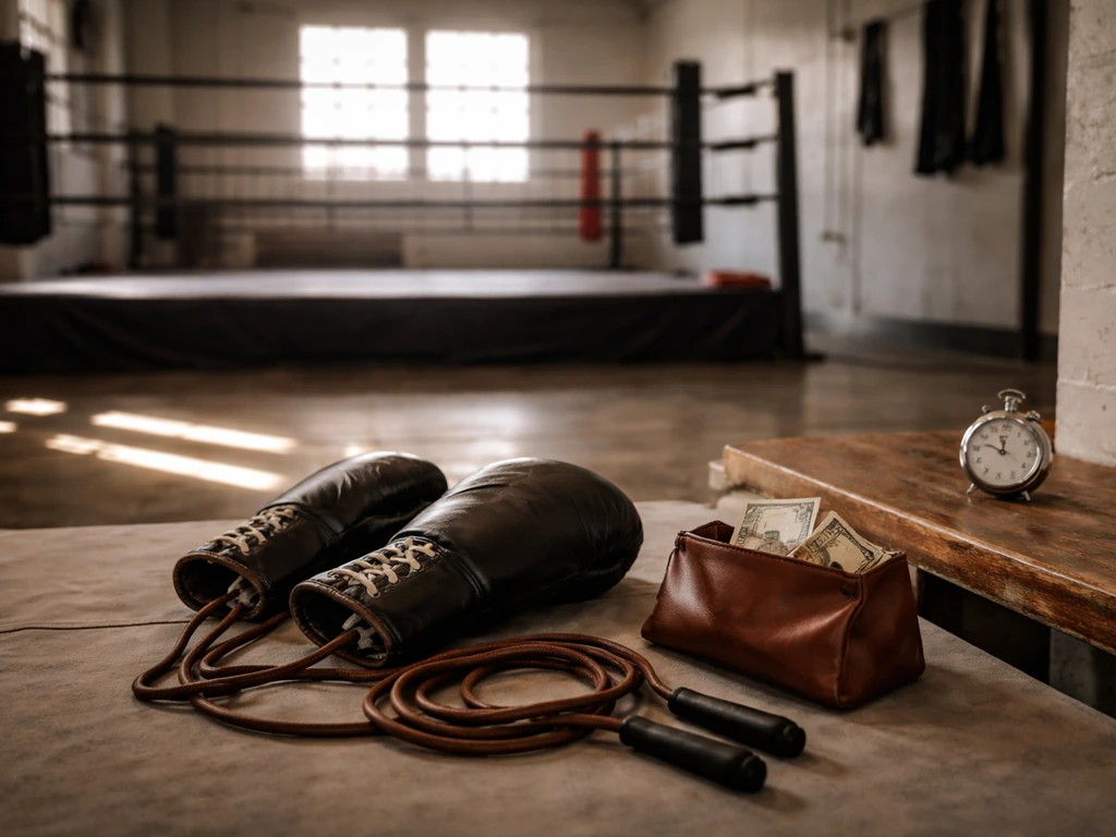 Boxing gym scene with gloves and a money-themed atmosphere, symbolic of a boxer’s net-worth profile.