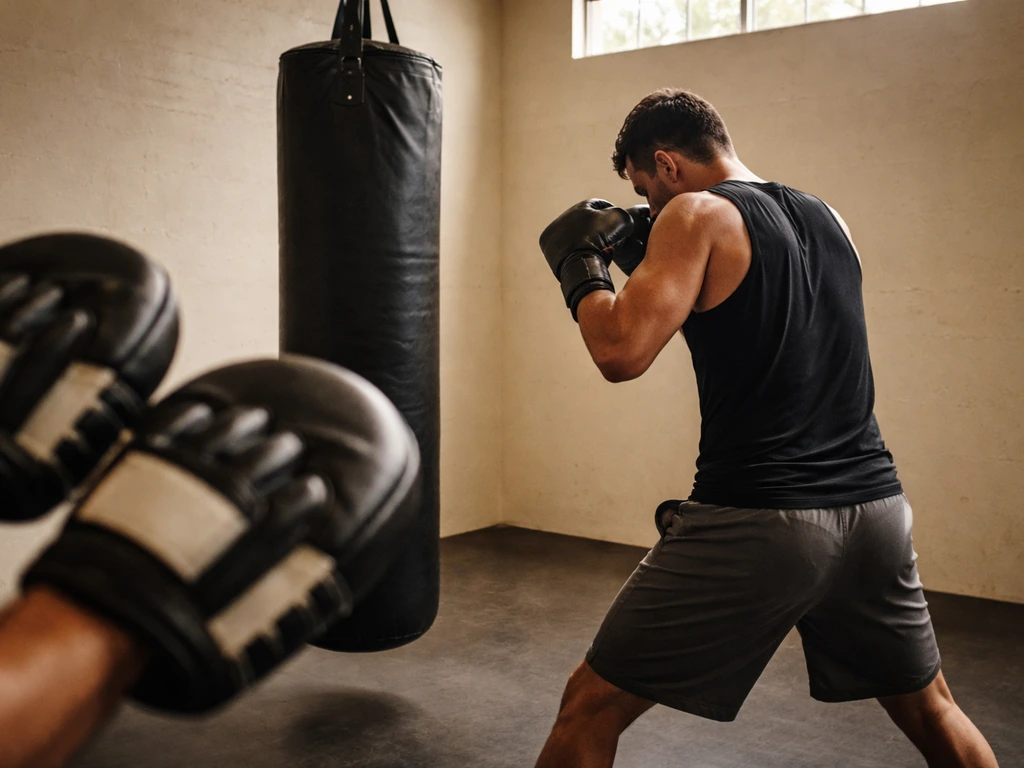 Boxer training in a simple boxing gym with focus mitts and a boxing glove, no logos or text.