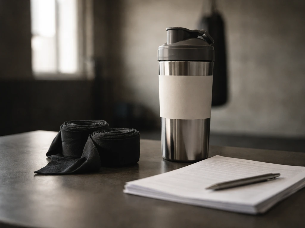 Minimal tabletop scene with a shaker bottle and boxing wraps suggesting sponsorship and brand deal income.
