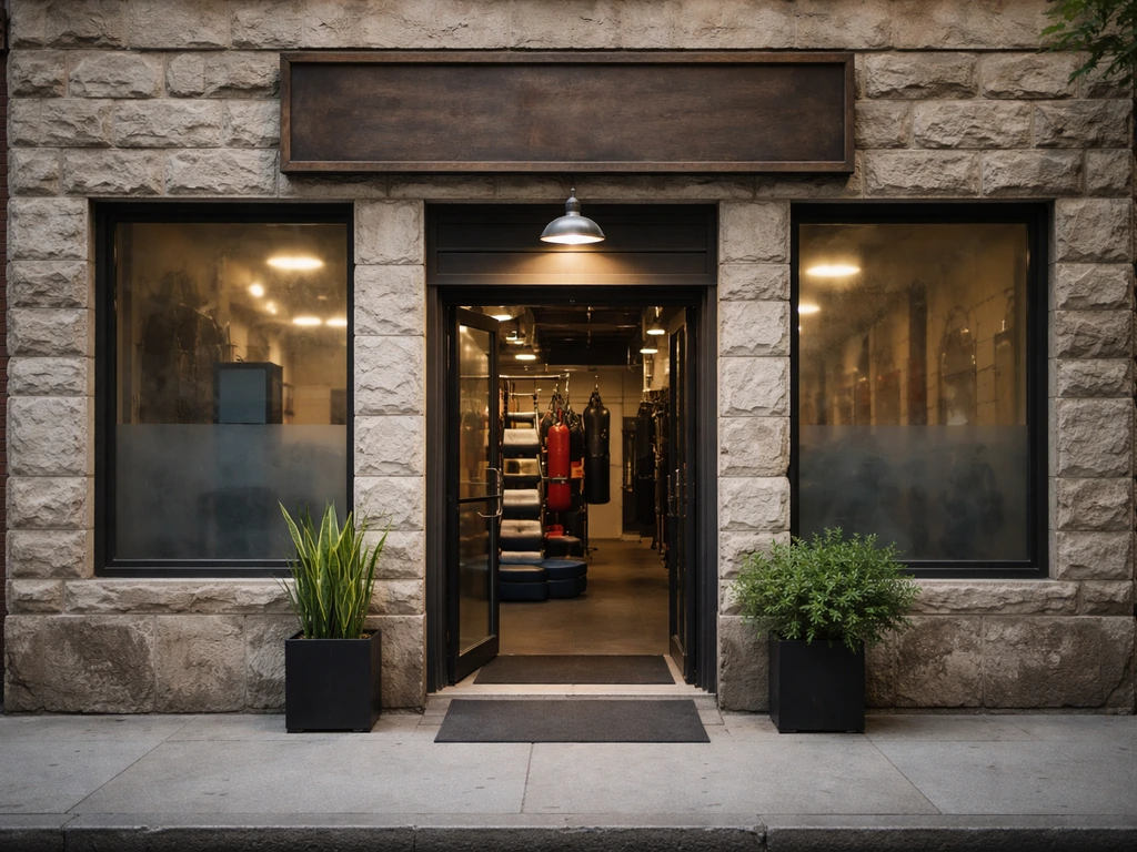 Street-level view of a stone-textured boxing gym storefront facade with a simple entrance.