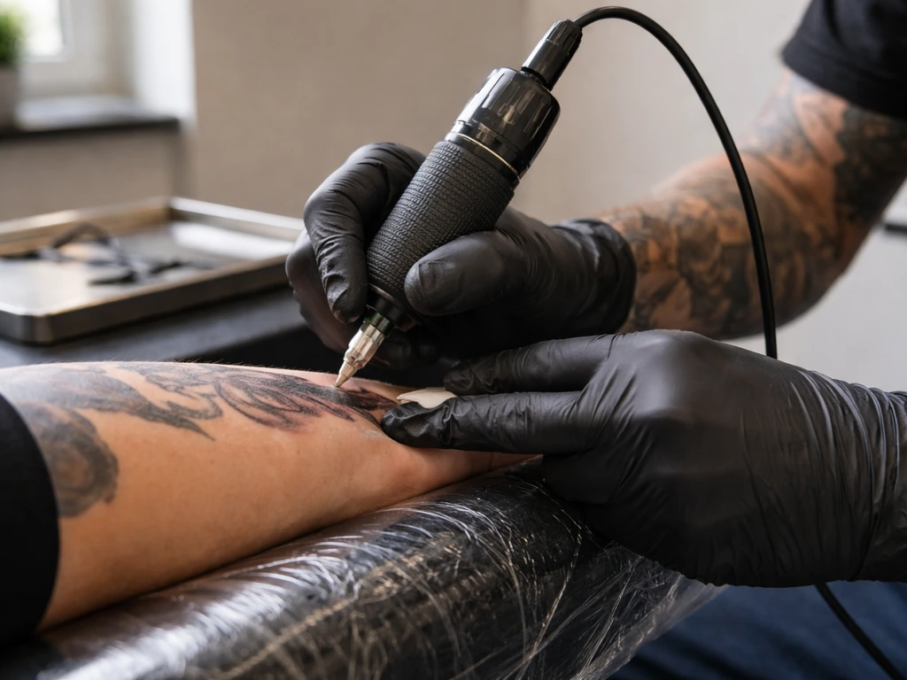 Close-up of a tattoo artist working with an electric tattoo machine on an arm in a clean studio