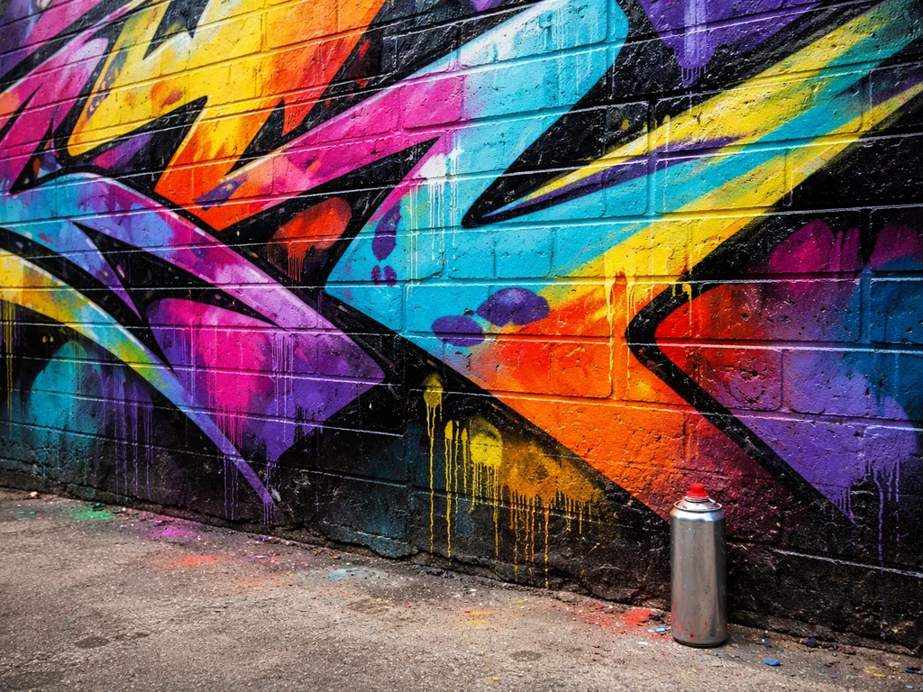 Close-up of a colorful graffiti mural wall with fresh paint textures and spray can nearby