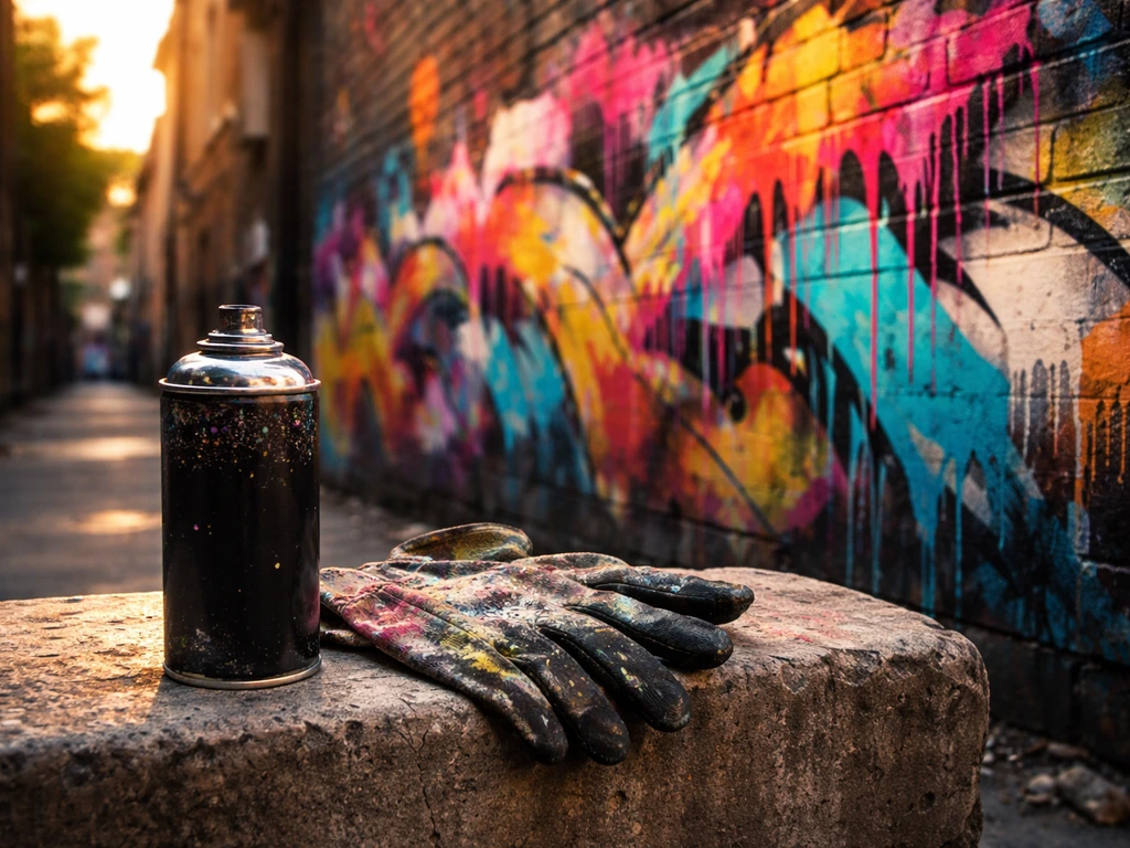 Close-up of a graffiti-splashed wall with a spray can and gloves, hinting at social media branding.