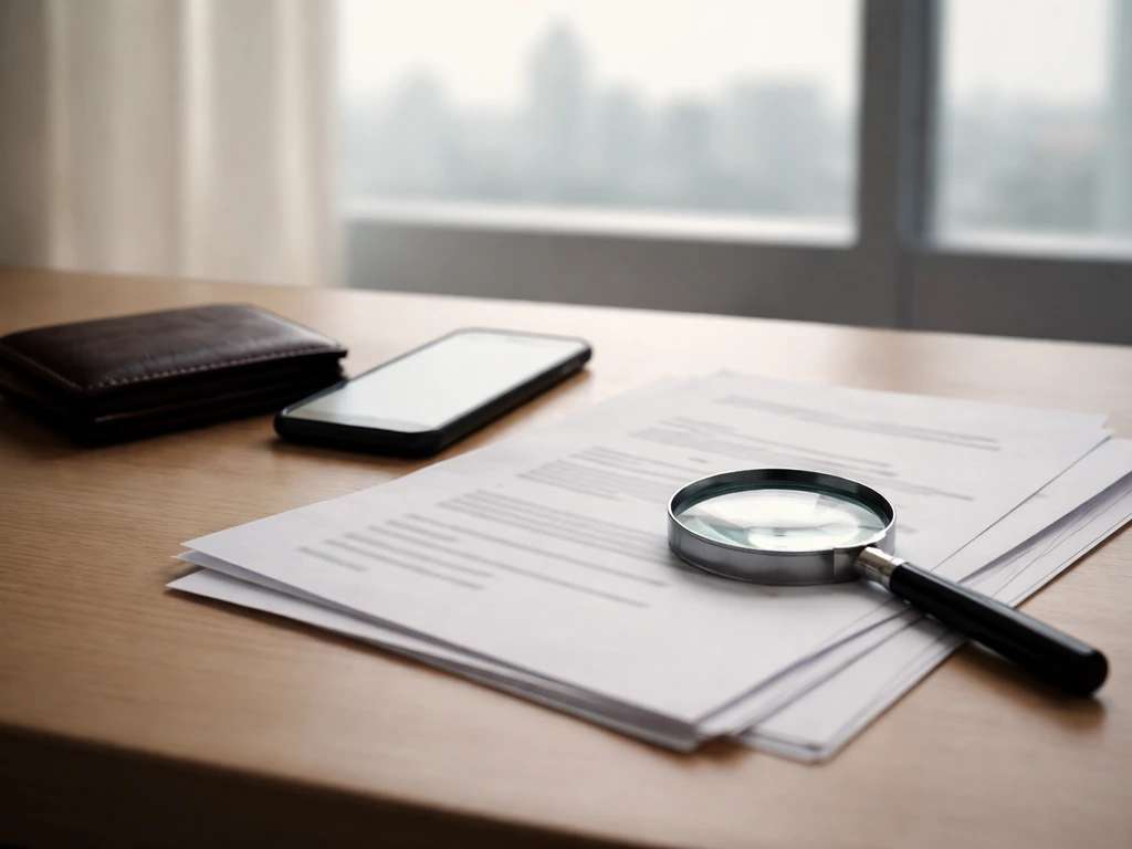 Magnifying glass over obscured documents on a desk with a phone and wallet nearby.