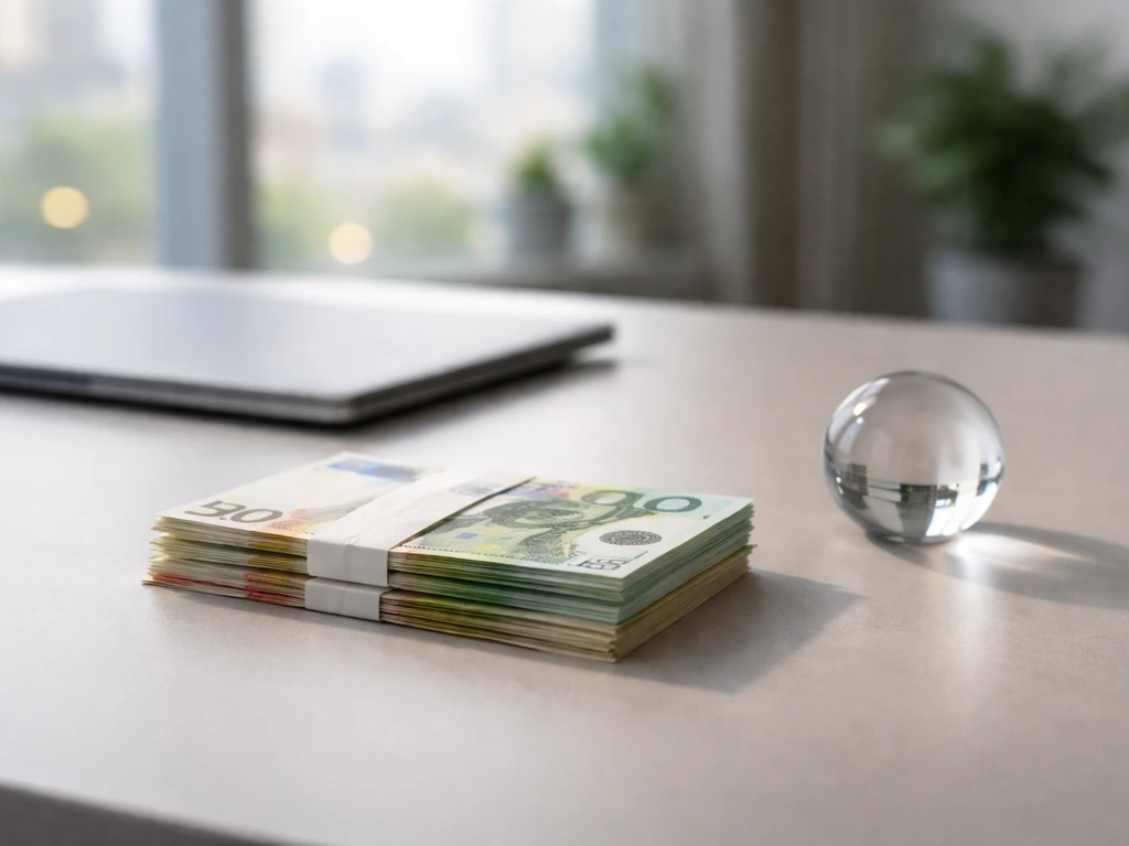Minimal desk scene with Euro cash and a closed laptop symbolizing a net-worth range.