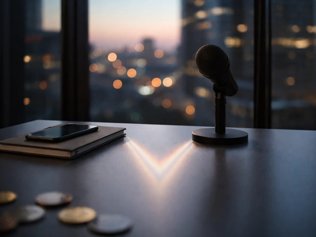 Minimal financial-themed desk scene with abstract emblem-like lighting and blurred city reflections
