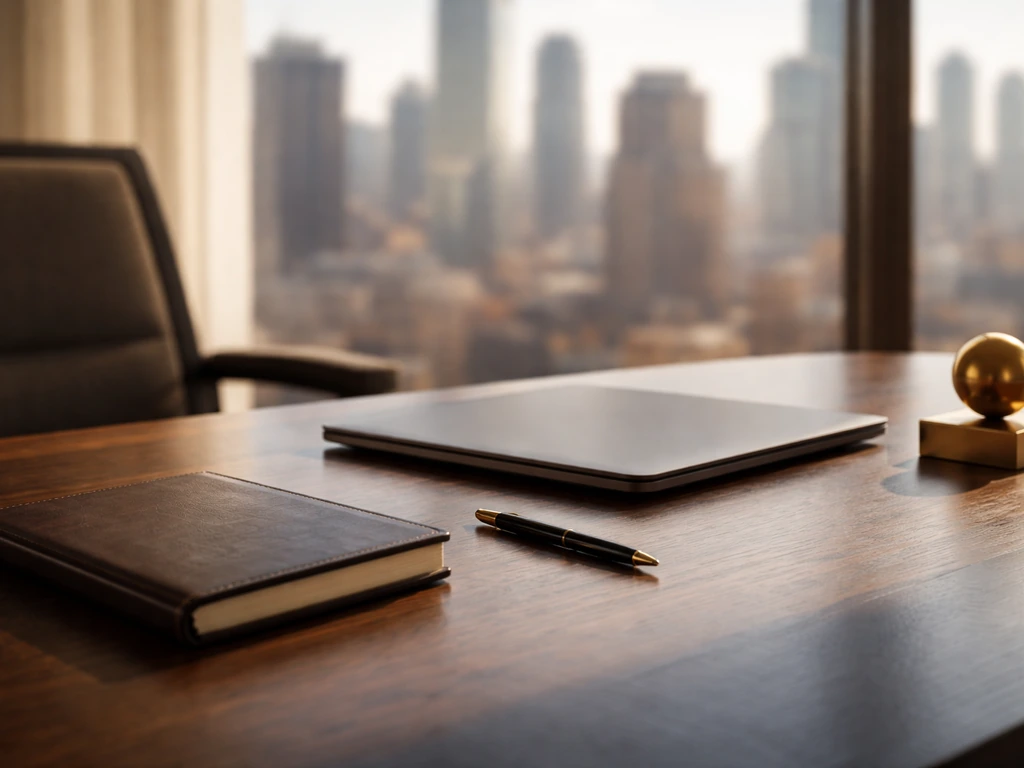 Minimal finance office desk with laptop and notebook beside a window skyline, symbolizing asset management.