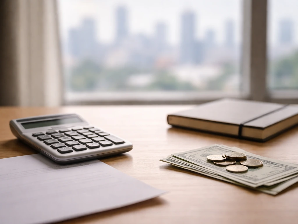 Minimal office desk scene with a calculator and scattered cash, symbolizing a net worth estimate range
