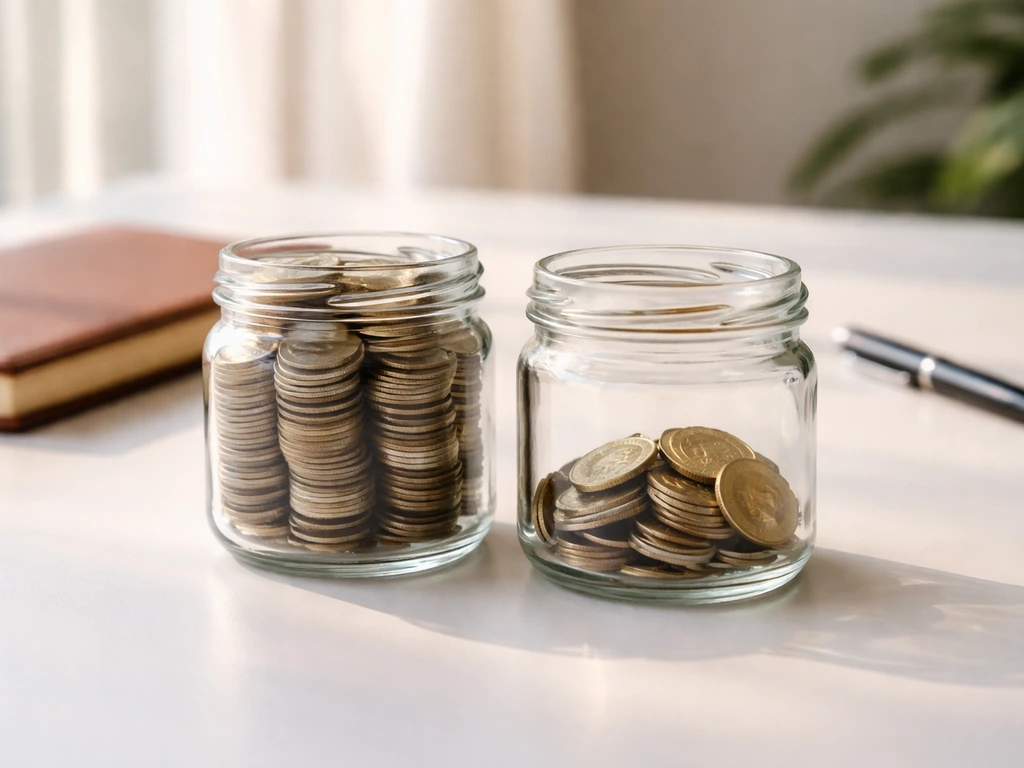 Minimal desk scene showing two separate containers of coins representing management fees and carried interest.
