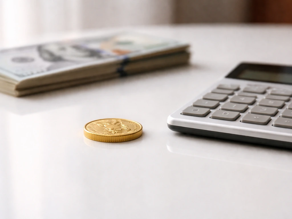 Close-up of a calculator and cash with a small gold coin, suggesting a performance fee allocation concept.