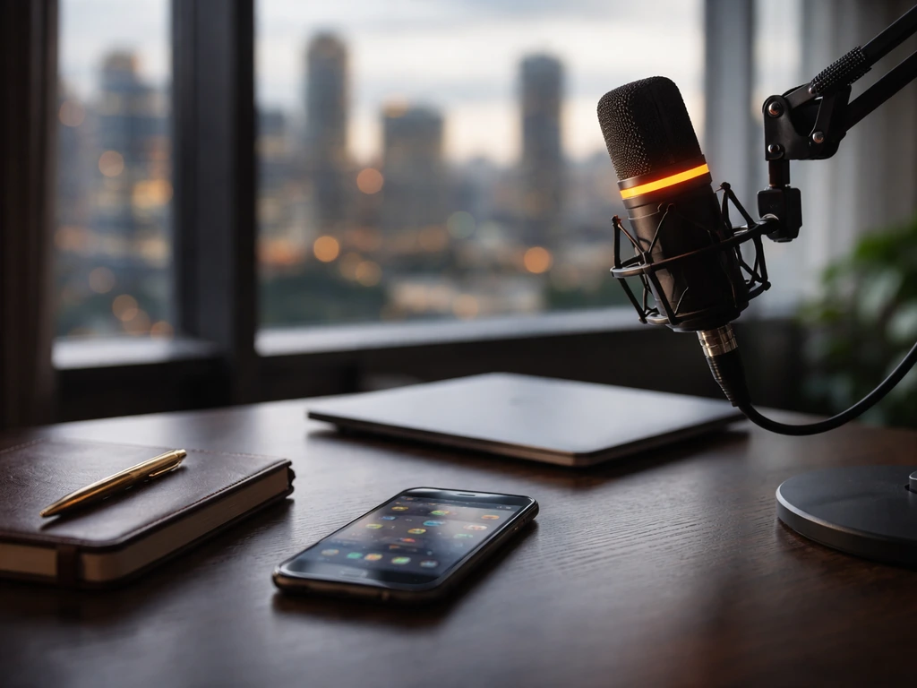 Lit podcast microphone and business desk with a blurred city skyline, symbolizing media and entrepreneurship.