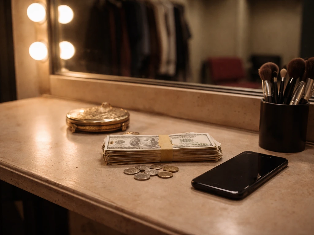 Empty vintage dressing room vanity with coins and a smartphone suggesting net worth curiosity