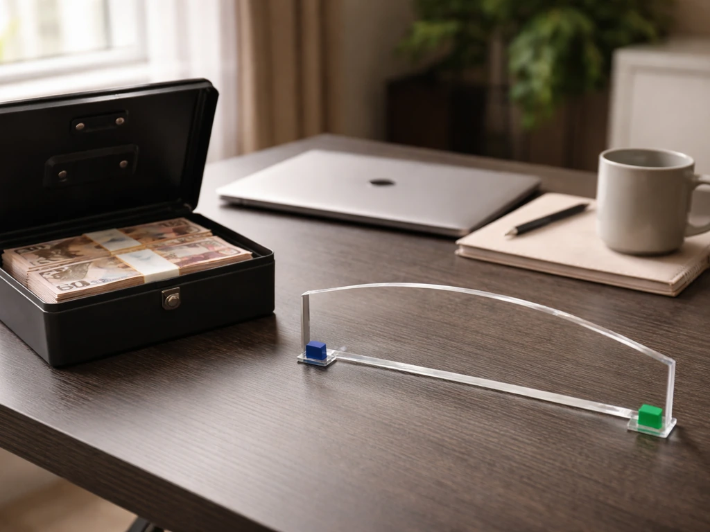 Minimal home office desk with stacked pound notes and a clear range scale suggesting an estimated net worth band.