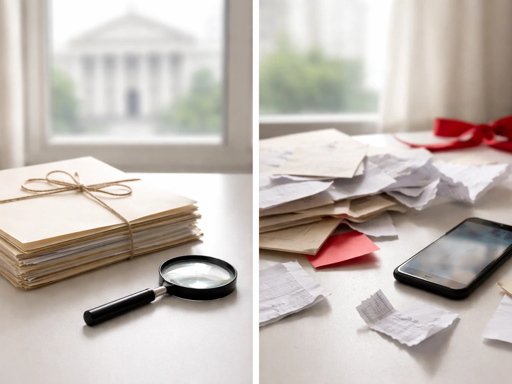 Split-screen desk scene contrasting checked public documents with scattered rumors and red-flag cues.