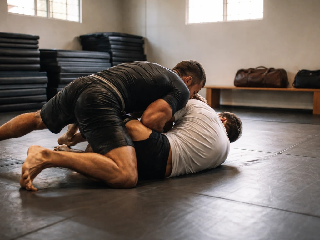 Anonymous athletes grappling on a BJJ mat in a quiet training gym, with minimal business-like cues nearby.