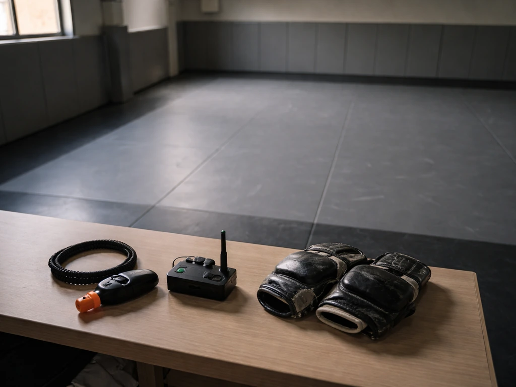 Minimal photo of a grappling practice mat and a headset mic on a desk, symbolizing net worth discussion