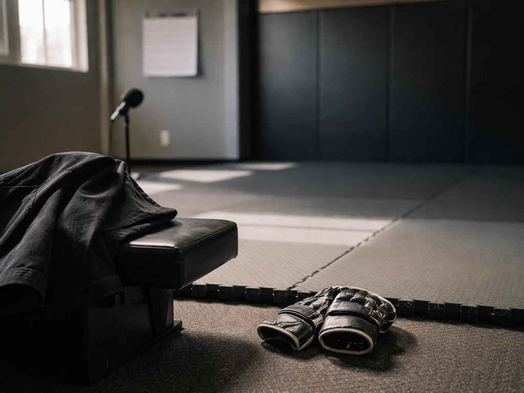 MMA gym training corner with grappling mats and a microphone stand, symbolizing career change over time