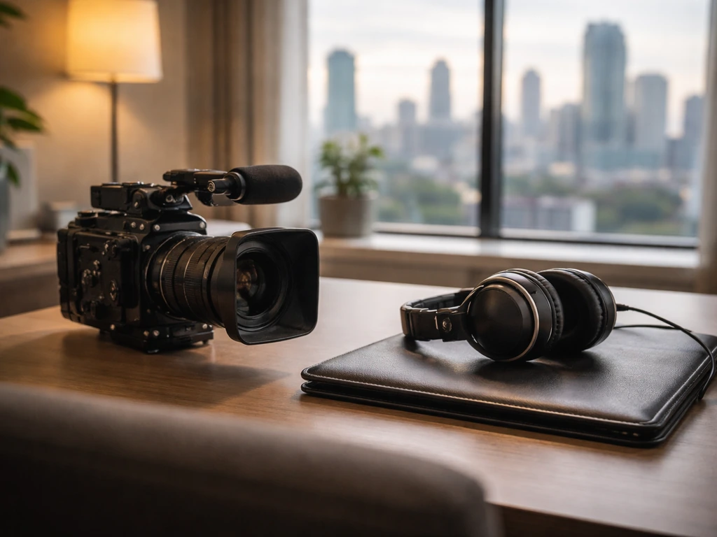 Minimal studio desk with a film camera, headphones, and a city view through a window.