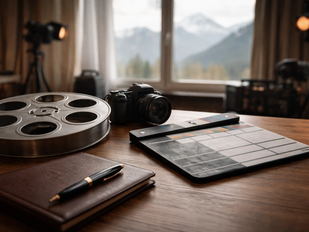 Close-up of a film reel and production tools on a wooden studio desk, symbolizing media and wealth interests.