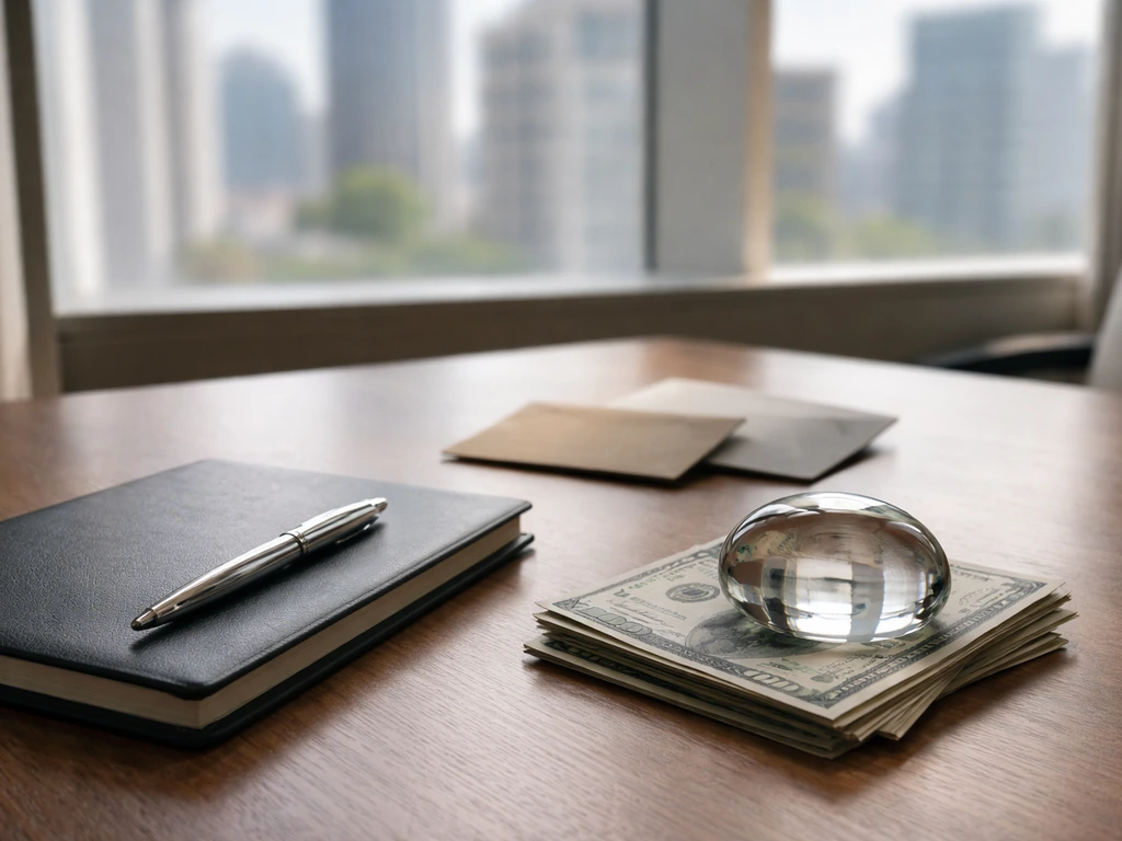 Minimal finance desk scene with pen and money near a glass paperweight, blurred city window behind