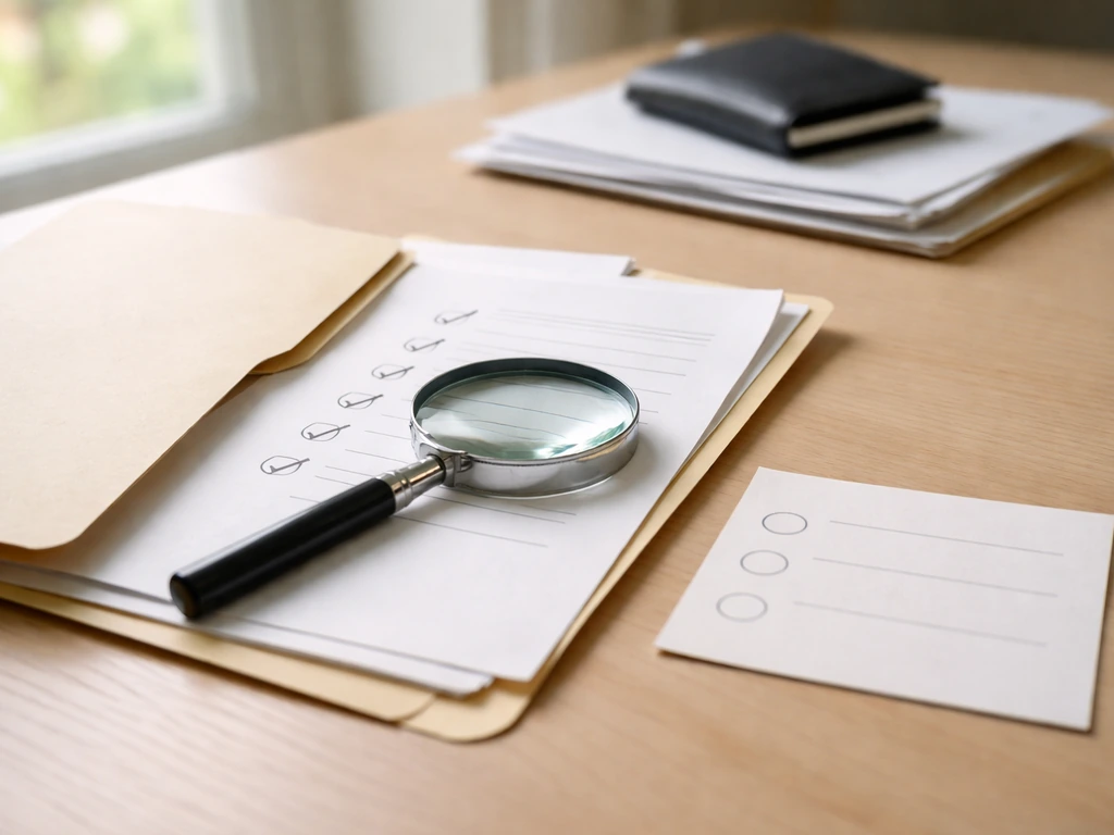 An office desk with printed notes and a magnifying glass over a folder, suggesting document verification