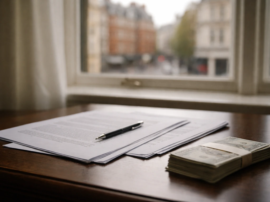 London business desk with blurred legal documents and a stack of cash symbols under natural light.