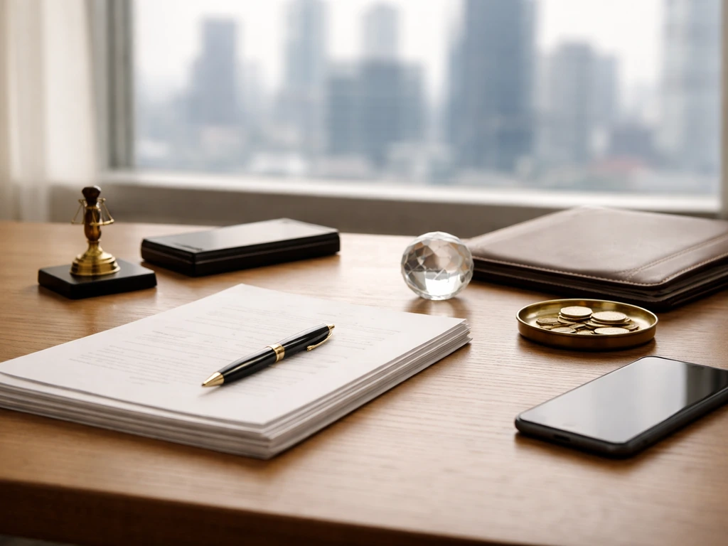 Minimal office desk with blank legal documents, a pen, a desk stamp, and coins beside a portfolio folder.