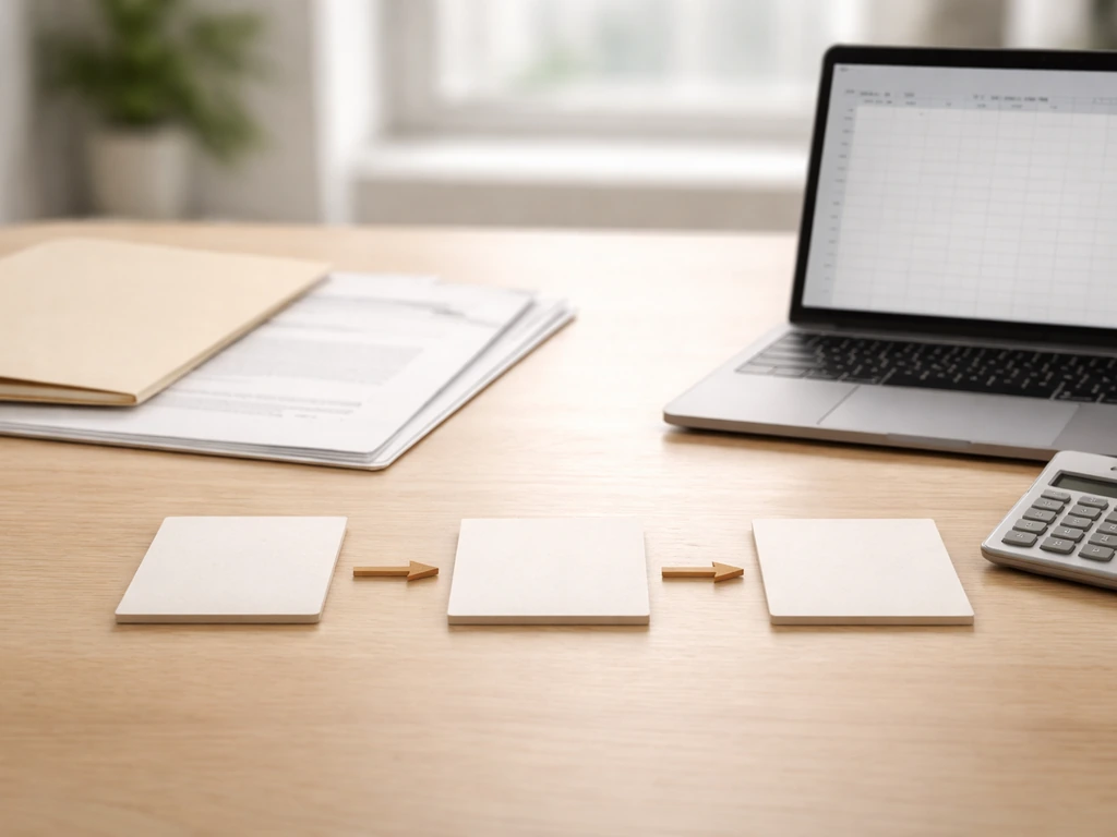 Desk with generic documents, calculator, and laptop suggesting sources to calculations to a range.