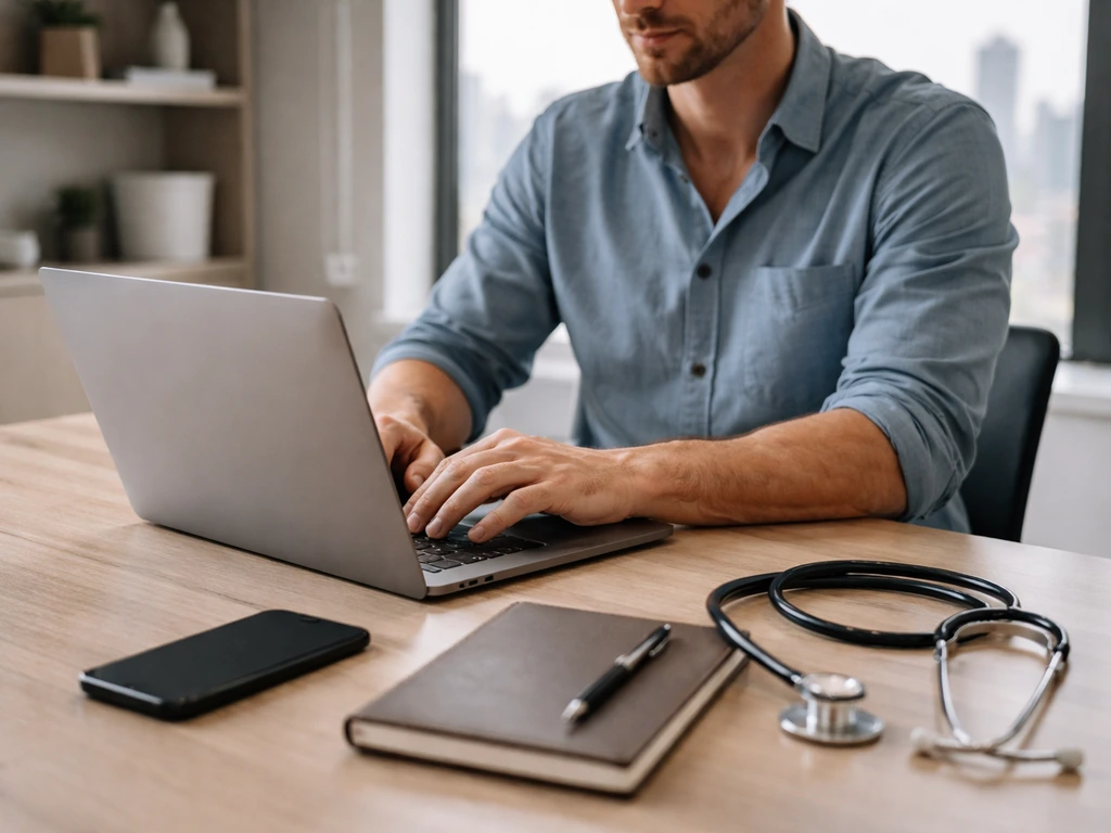 Anonymous founder-type working at a clean desk with laptop, phone, notebook, and stethoscope in a modern office.