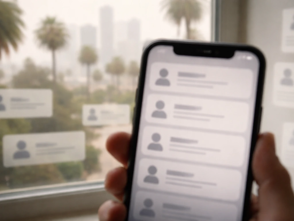 Hand holding a phone with blurred repeated profile cards, Los Angeles background for ambiguous name matching.