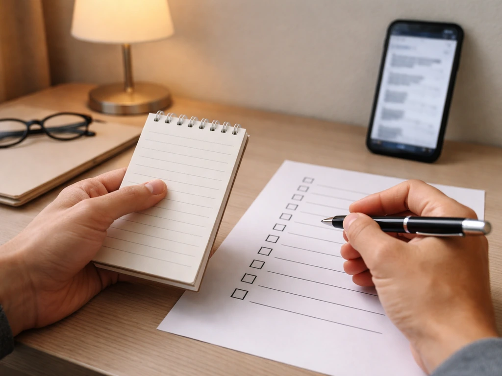 Hands checking a blank checklist beside a smartphone and notepad on a simple desk.