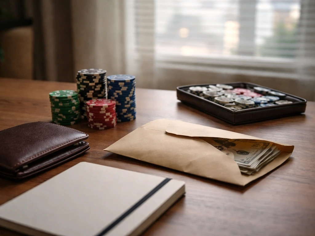 Poker net-worth estimation concept: anonymous desk with chips, cash envelope, and notebook under warm light.
