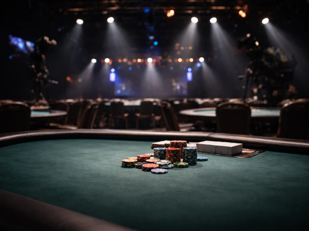 Empty poker tournament table with poker chips and blurred event stage lighting in the background