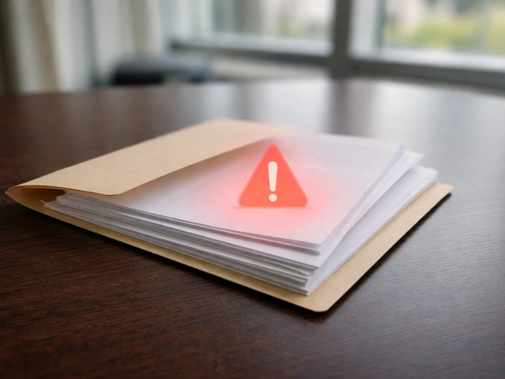 Dark desk with a generic file folder and blank papers, lit by natural light, with a subtle red warning overlay effect.