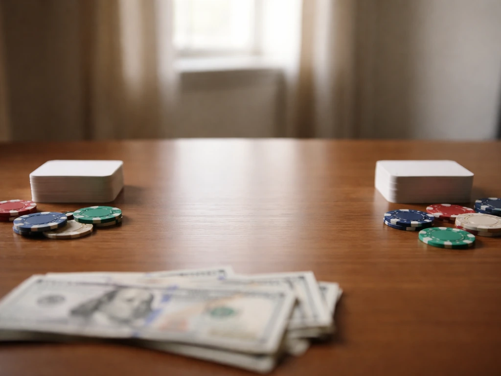 Minimal poker-themed desk scene with two anonymous hand-drawn card stacks and scattered cash to suggest comparison.