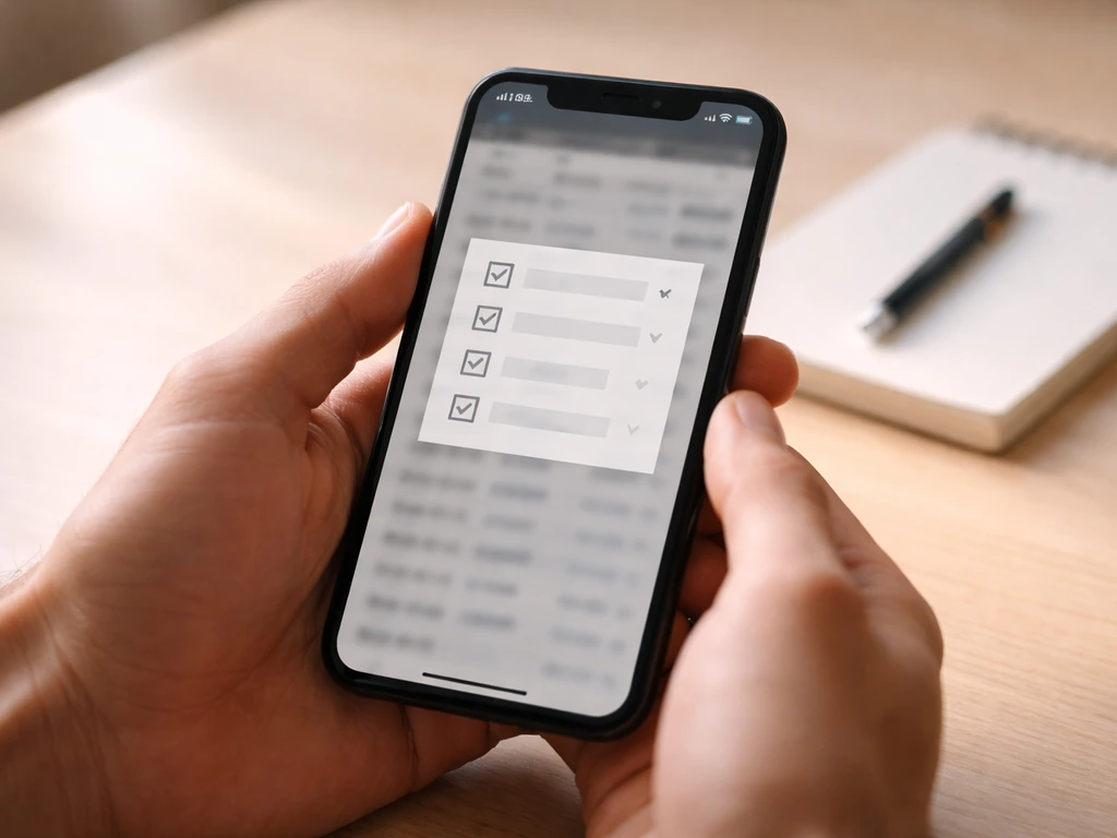Hand holding smartphone showing a money database page with a checklist-style verification overlay