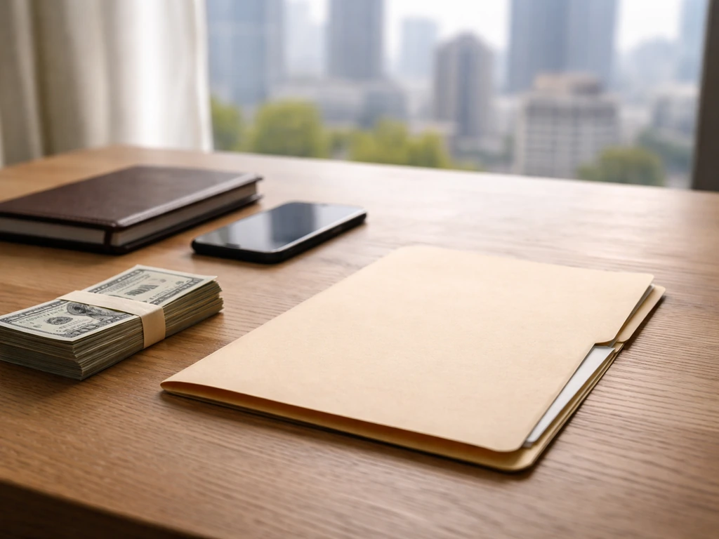 Minimal photo of a manila folder and cash beside a notebook on a desk with a blurred city view
