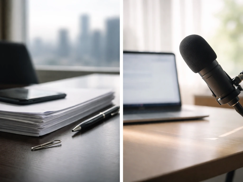 Split-screen of an office desk and podcast mic setup symbolizing profile disambiguation without showing any person.