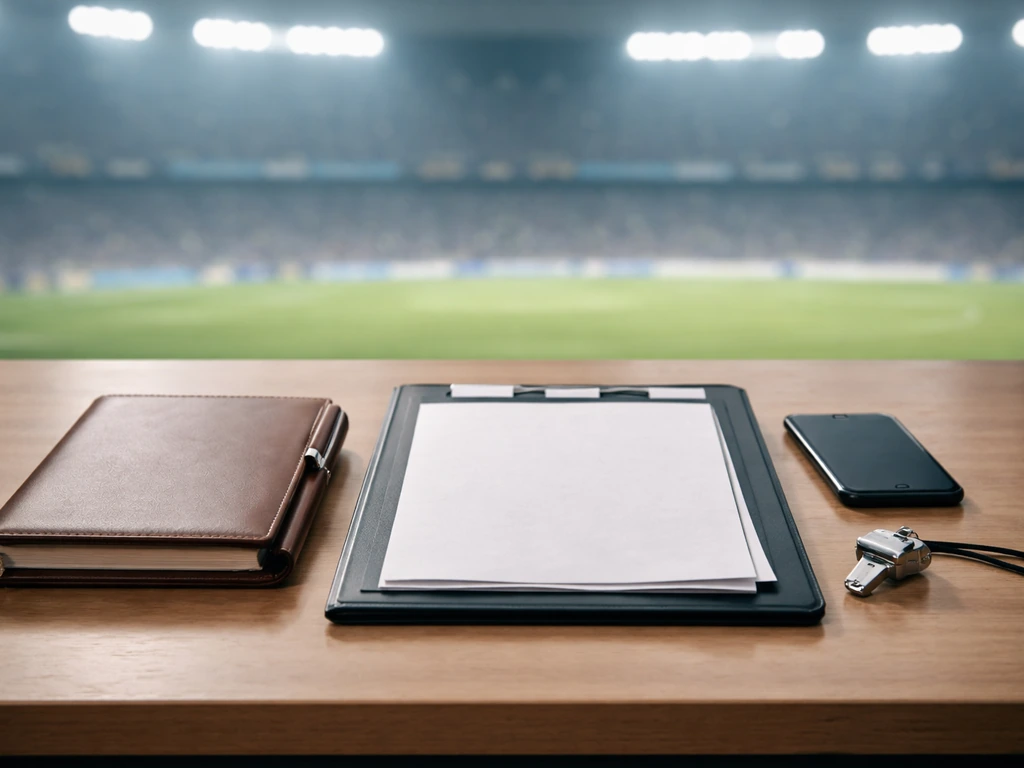 Football manager–themed workspace with contract papers and a stadium backdrop symbolizing income sources