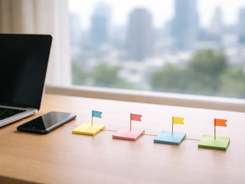 Minimal office desk scene with a timeline-like arrangement of milestones on sticky notes, symbolic of career and wealth.