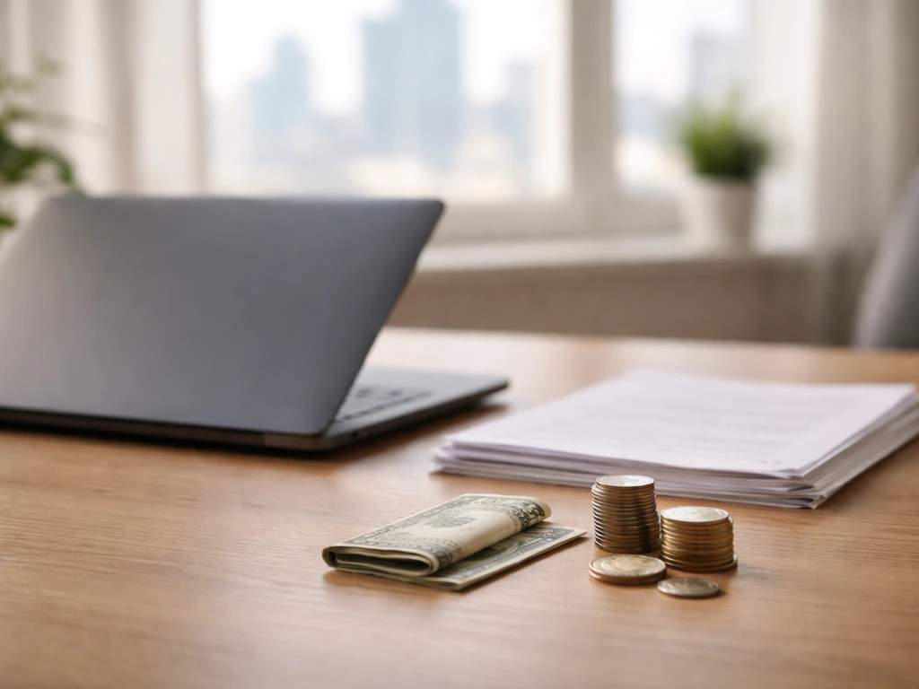 Minimal photo of a laptop and documents on a desk with money symbols, suggesting net-worth verification