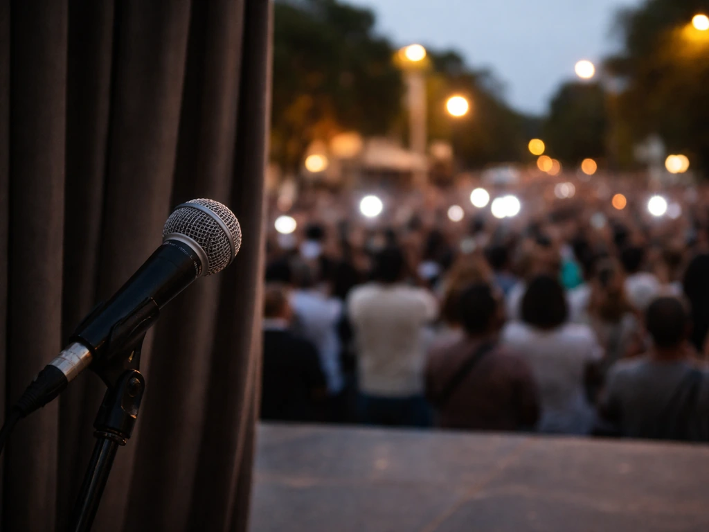 Empty rally backdrop with microphone and blurred crowd, symbolizing political media attention and public interest.