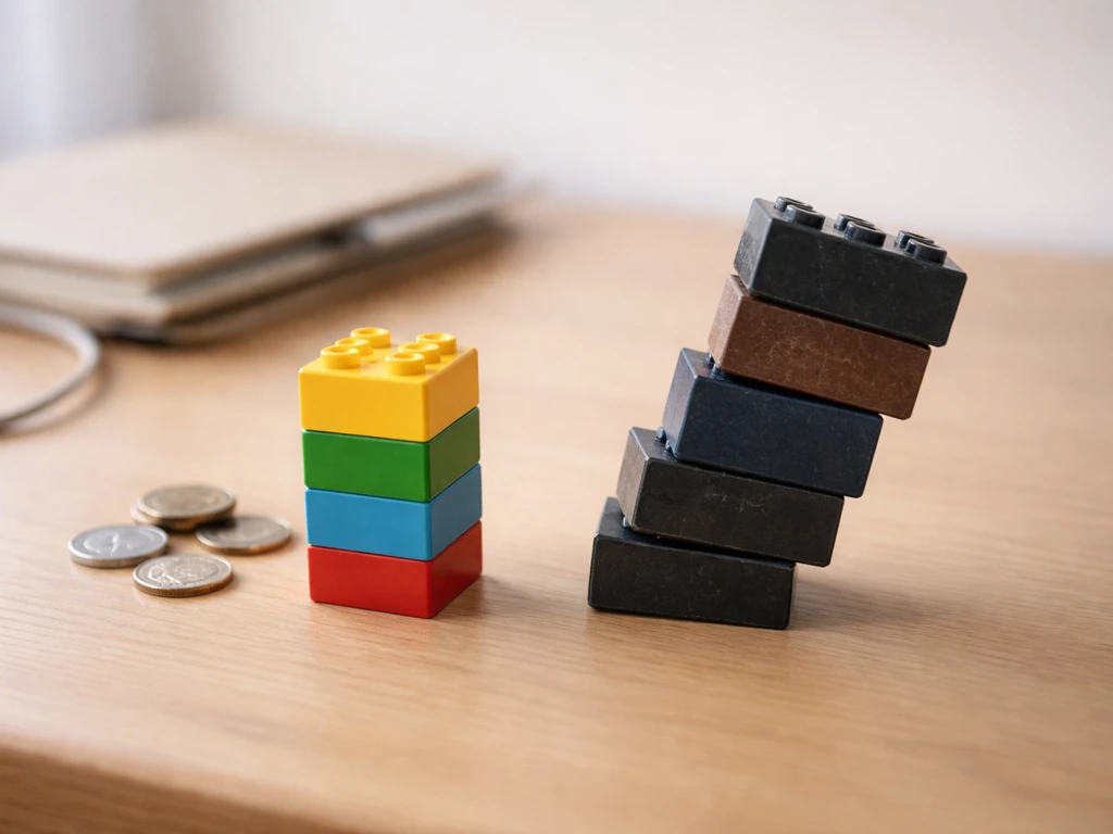 Minimal tabletop with bright asset blocks and darker liability blocks beside unreadable documents.
