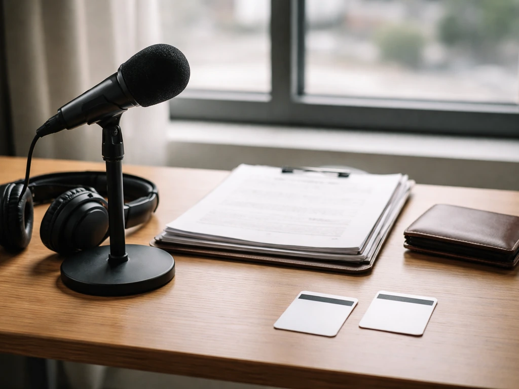 Minimal finance-and-media desk scene suggesting identity disambiguation without showing any person.