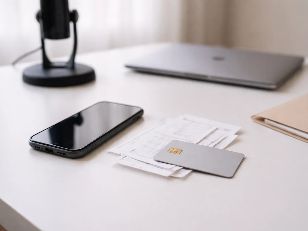 An editor’s desk with a smartphone, credit-card-sized items, and receipts suggesting a net-worth calculation process