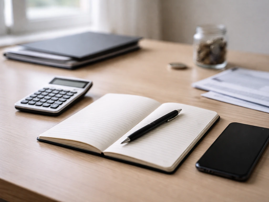 Minimal desk with open notebook, pen, calculator, and a phone—symbolizing verification of a financial figure.